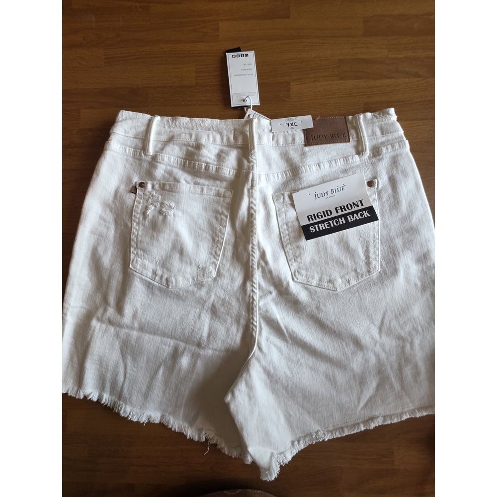 Judy Blue White Distressed High Waist Denim Shorts Rigid Front Stretch Back 1XL - Picture 8 of 11
